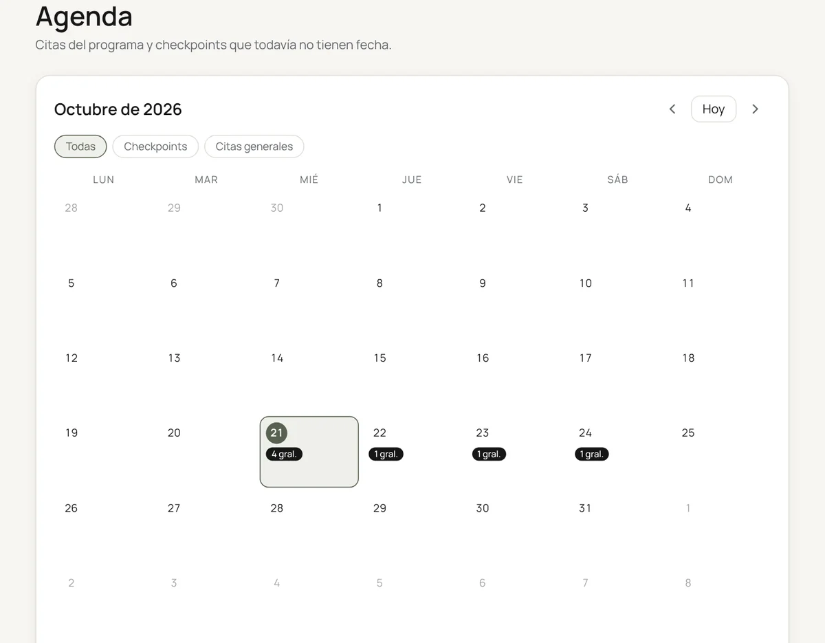 Agenda de Continuum con el calendario del mes y las citas del día
