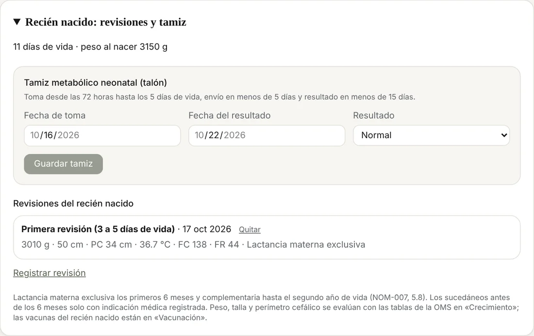 Revisiones del recién nacido y tamiz metabólico neonatal con fechas de toma y resultado