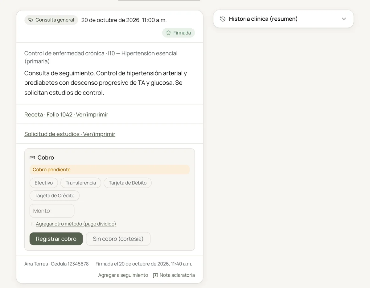 Nota de consulta firmada en Continuum con accesos a la receta y la solicitud de estudios