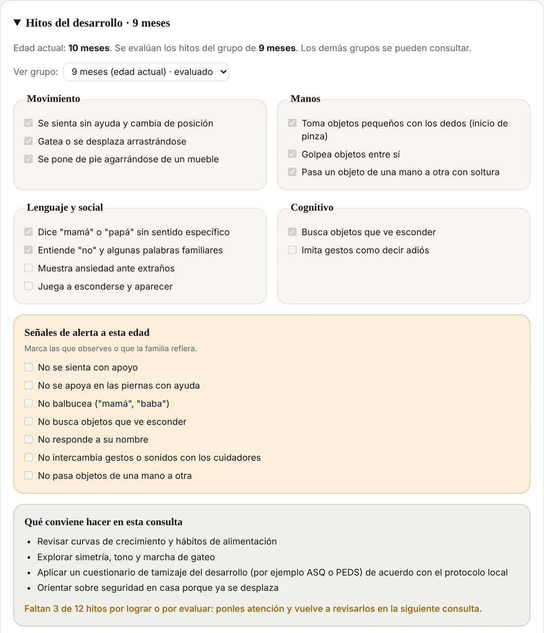 Hitos del desarrollo de los 9 meses con áreas de movimiento, manos, lenguaje y cognitivo