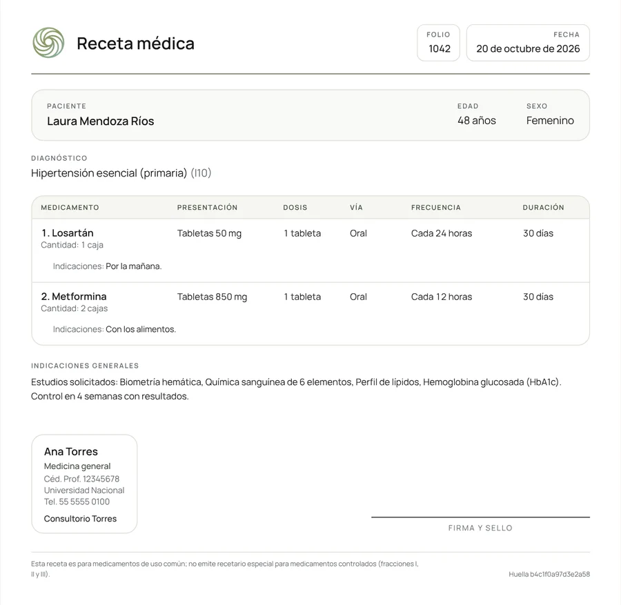 Receta médica impresa generada por Continuum